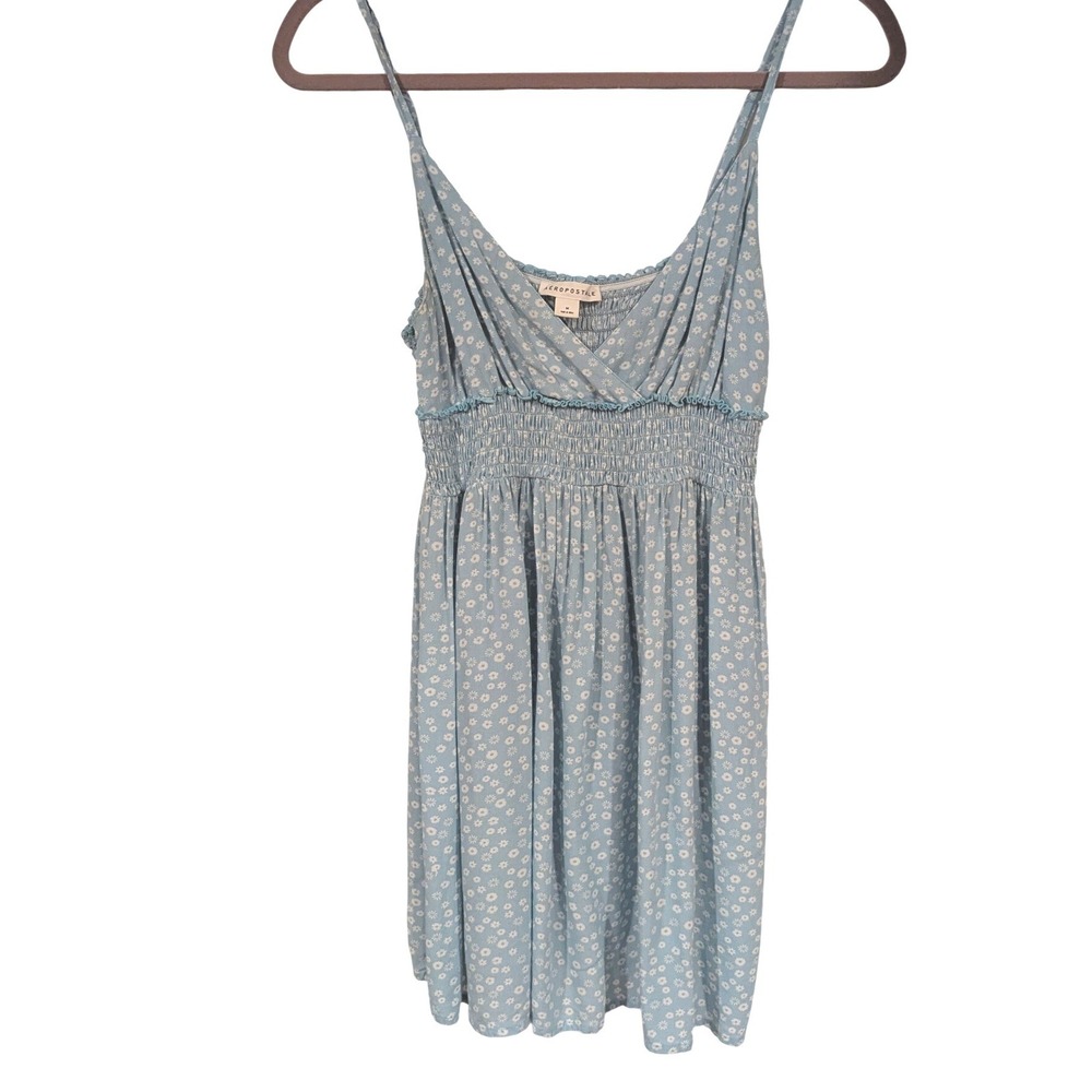 Aeropostale Light Blue Floral Smocked Waist Mini Dress Surplice Neck Medium